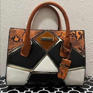 Sally Young Black Orange Snakeskin Geometric 3Pocket PU Leather Textured Handbag